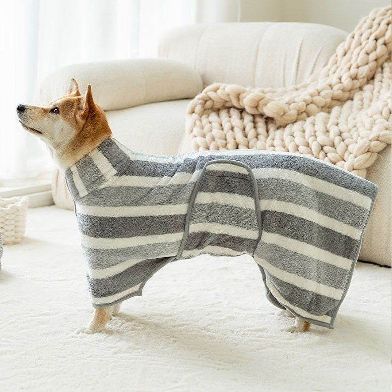Absorbent Dog Bathrobe Towel - Soft Coral Fleece Quick Dry Wrap for Dogs and Cats in Four Striped Colours, XS to XL