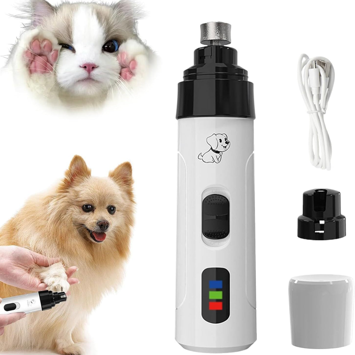 USB Rechargeable Pet Nail Grinder with LED Light and 3 Grit Sanding Bands - Quiet Claw Trimmer for Cats and Dogs