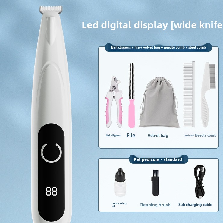 Dog and Cat Paw Hair Trimmer with LED Display - Rechargeable Quiet Clipper with Wide or Narrow Blade for Paws, Face and Ears