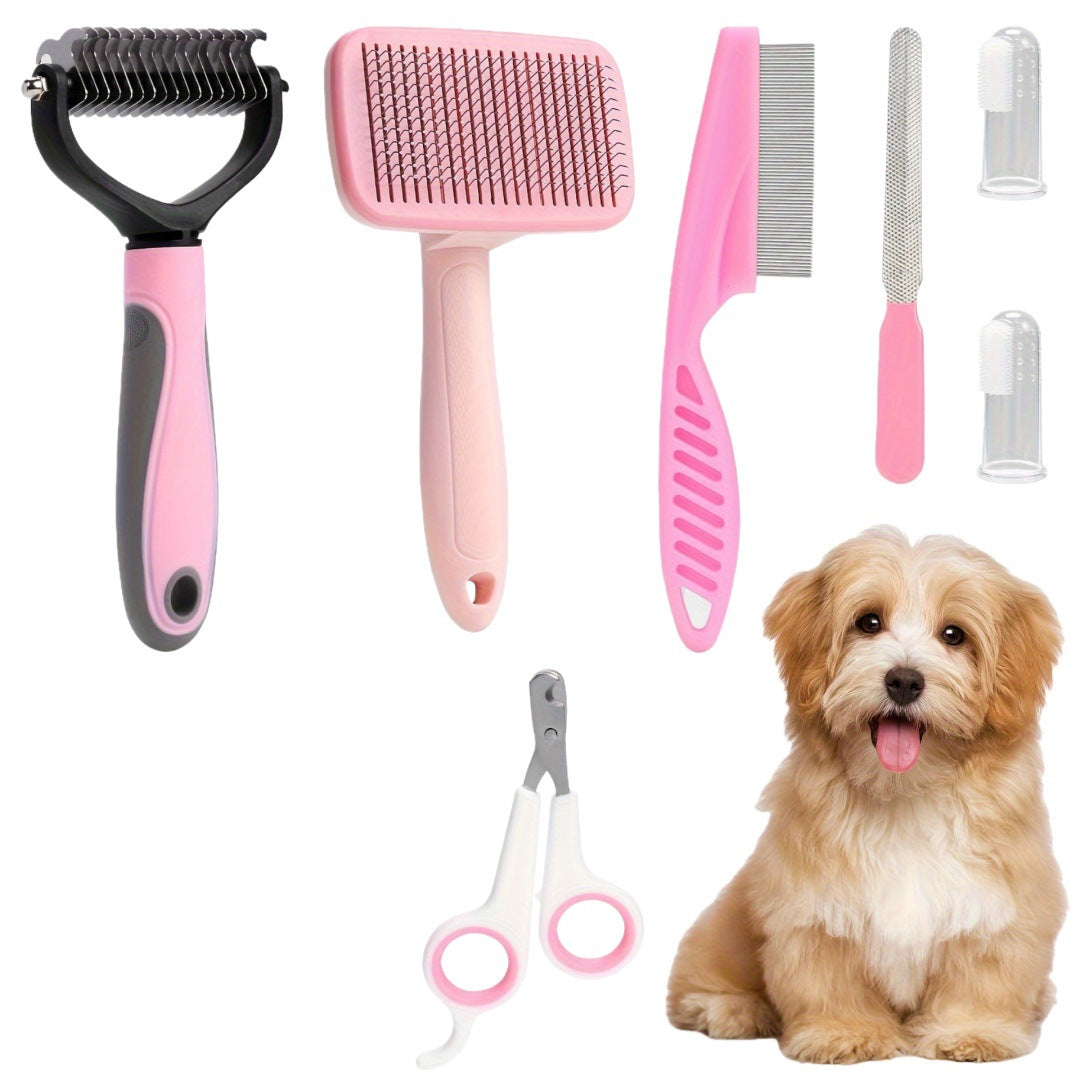 8-Piece Dog Grooming Kit - Slicker Brush, Dematting Comb, Flea Comb, Nail Clipper, File and Finger Toothbrush Set for Dogs and Cats in Pink or Blue