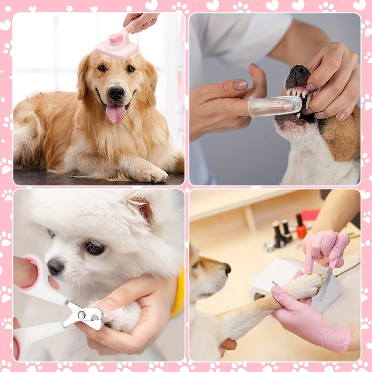 8-Piece Dog Grooming Kit - Slicker Brush, Dematting Comb, Flea Comb, Nail Clipper, File and Finger Toothbrush Set for Dogs and Cats in Pink or Blue
