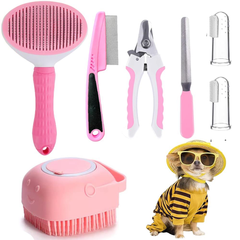7-Piece Dog Grooming Kit - Stainless Steel Hair Removal Comb, Flea Comb, Nail Cutter, Bath Brush and Finger Cover Set in Pink or Blue