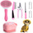 7-Piece Dog Grooming Kit - Stainless Steel Hair Removal Comb, Flea Comb, Nail Cutter, Bath Brush and Finger Cover Set in Pink or Blue