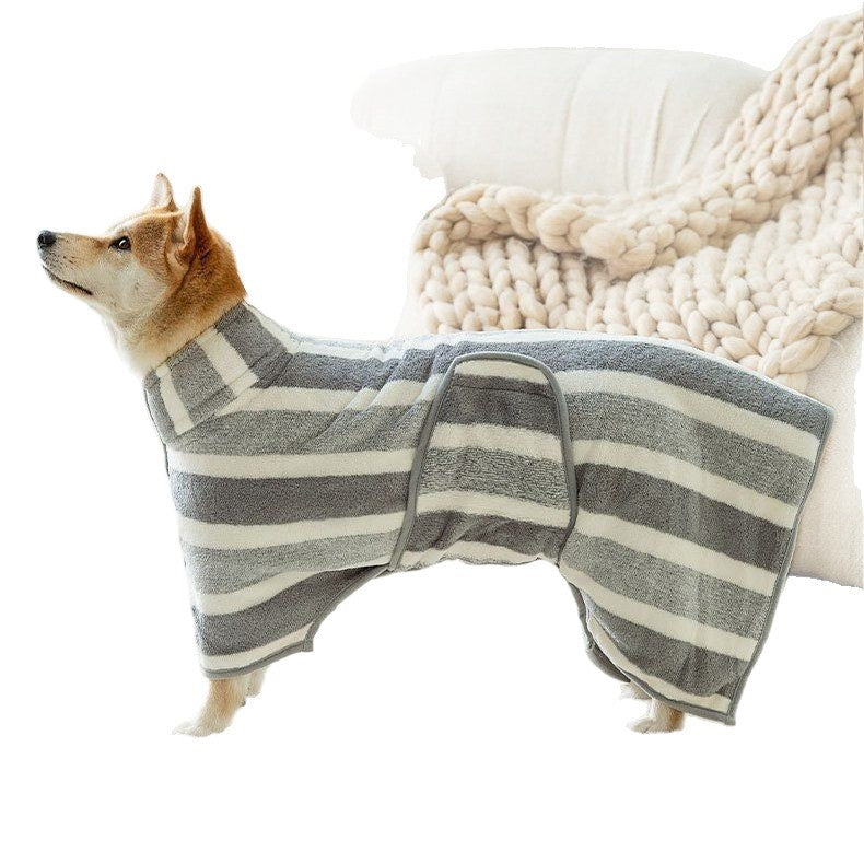 Absorbent Dog Bathrobe Towel - Soft Coral Fleece Quick Dry Wrap for Dogs and Cats in Four Striped Colours, XS to XL