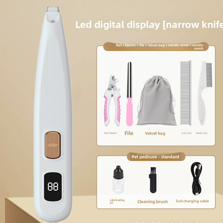 Dog and Cat Paw Hair Trimmer with LED Display - Rechargeable Quiet Clipper with Wide or Narrow Blade for Paws, Face and Ears
