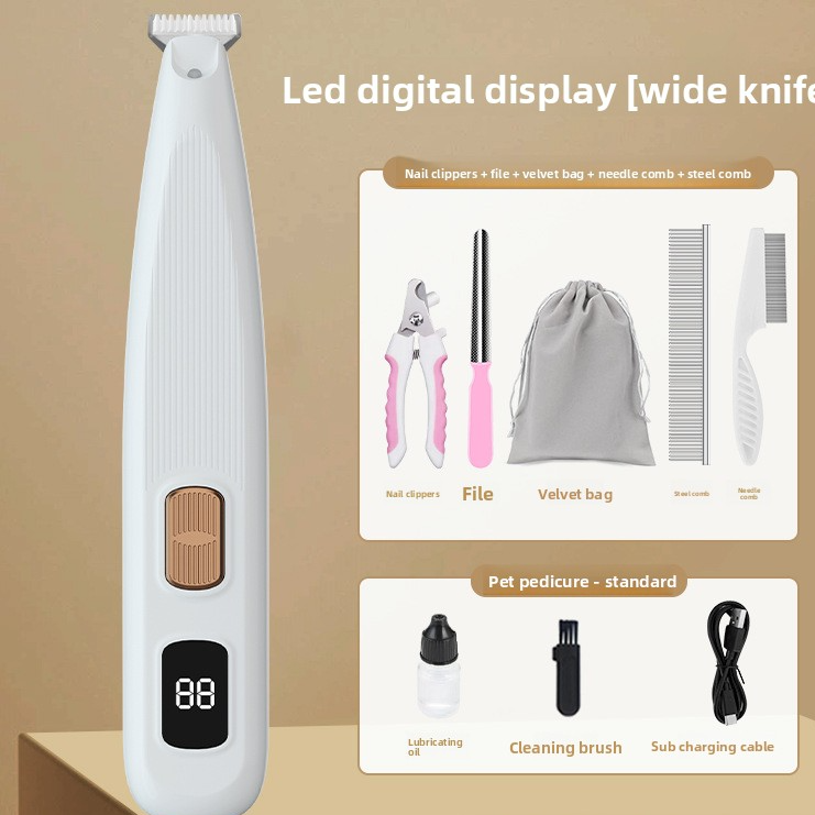 Dog and Cat Paw Hair Trimmer with LED Display - Rechargeable Quiet Clipper with Wide or Narrow Blade for Paws, Face and Ears