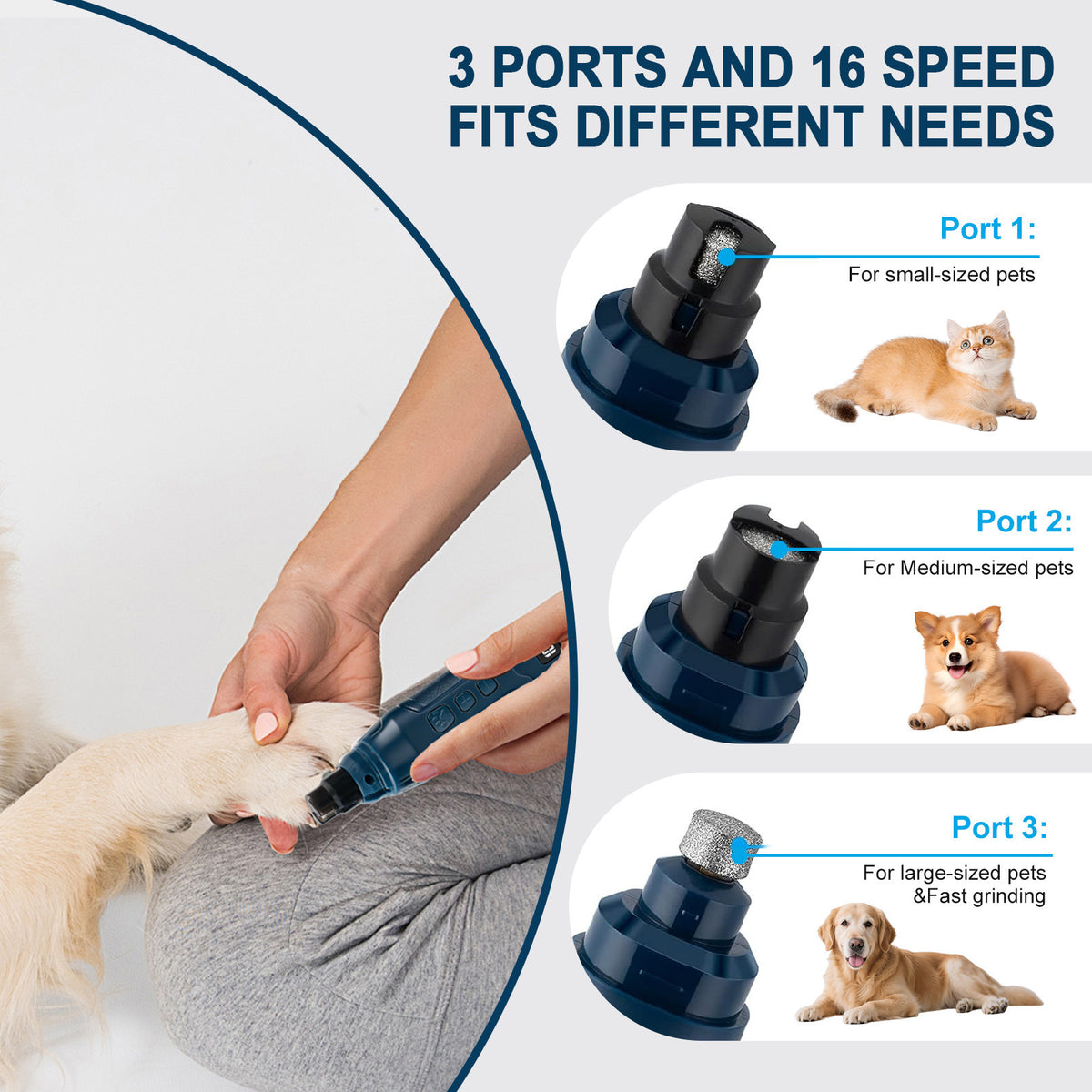 USB-C Rechargeable Dog Nail Grinder with 3 Grinding Heads - Quiet Pet Claw Polisher for Dogs and Cats, Low Noise