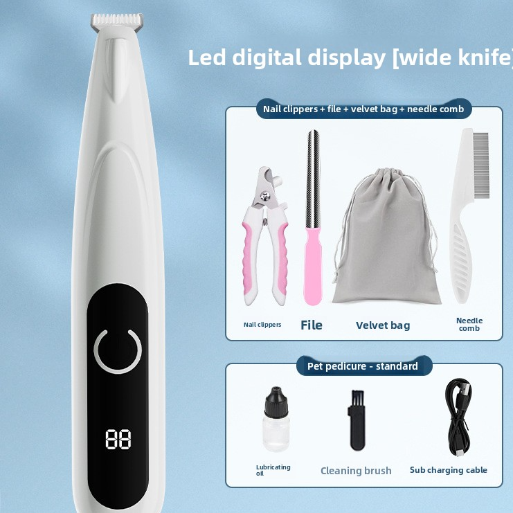 Dog and Cat Paw Hair Trimmer with LED Display - Rechargeable Quiet Clipper with Wide or Narrow Blade for Paws, Face and Ears