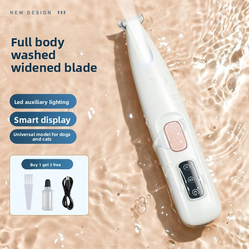 Waterproof Paw Hair Trimmer for Dogs and Cats - LED Rechargeable Foot Clipper with Oil Bottle in White