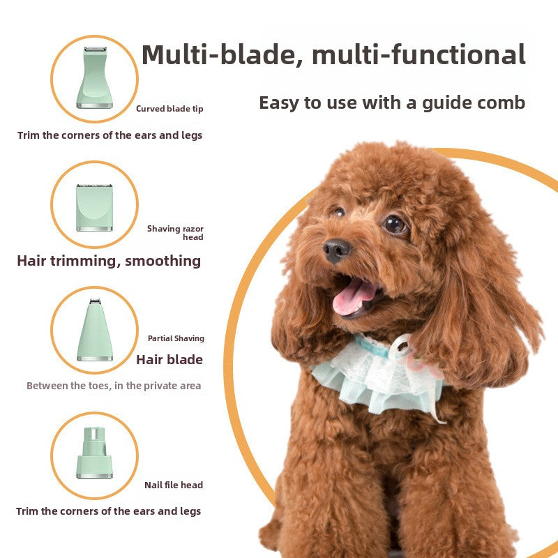 4-in-1 Pet Grooming Clipper Kit - Rechargeable Dog and Cat Hair Trimmer with Paw, Face and Nail Grinder Heads in Mint Green or Pearl White