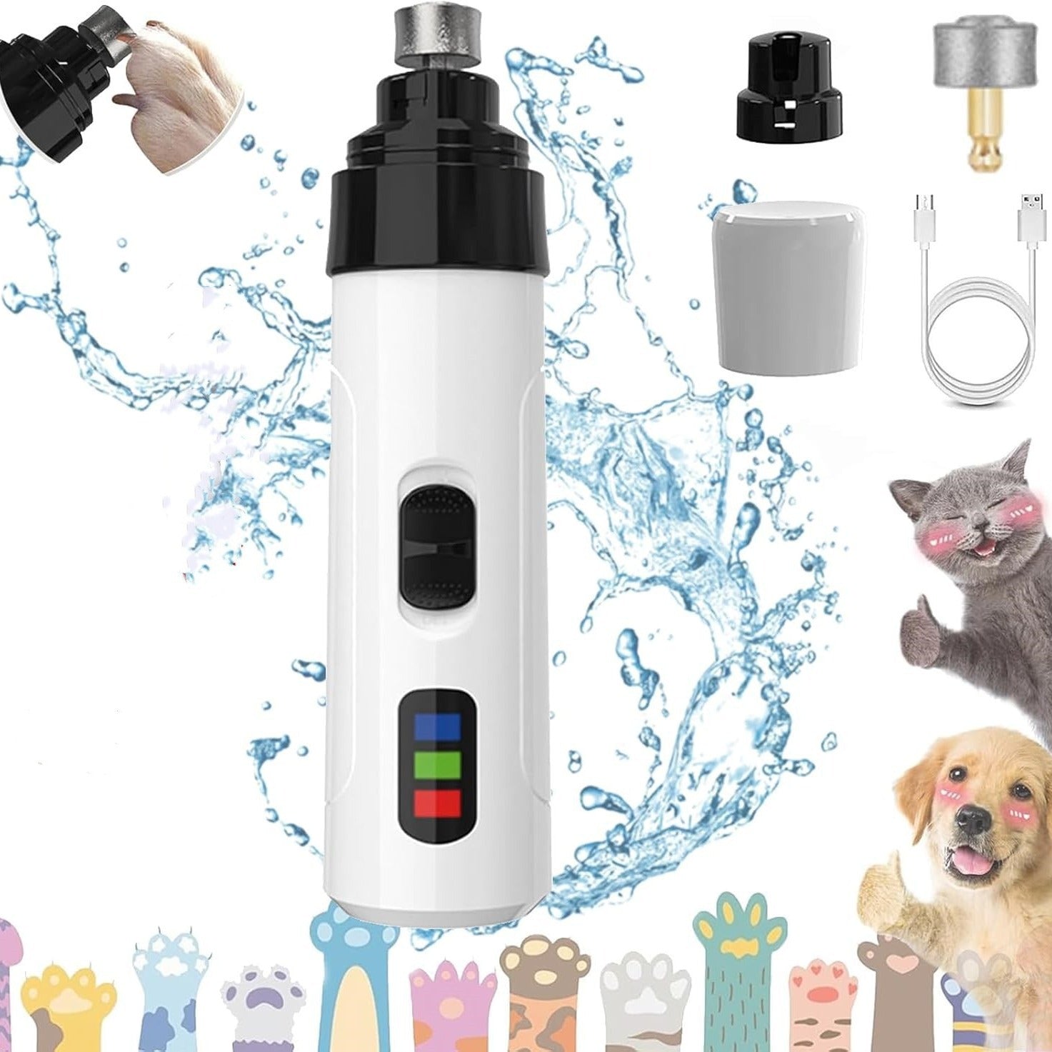 USB Rechargeable Pet Nail Grinder with LED Light and 3 Grit Sanding Bands - Quiet Claw Trimmer for Cats and Dogs