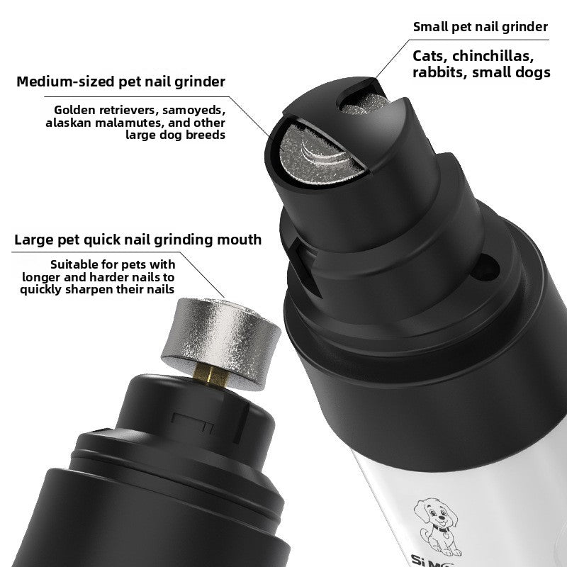 Mini LED Pet Nail Grinder - USB Rechargeable Low Noise Claw Polisher with 3 Interchangeable Heads for Small Dogs and Cats