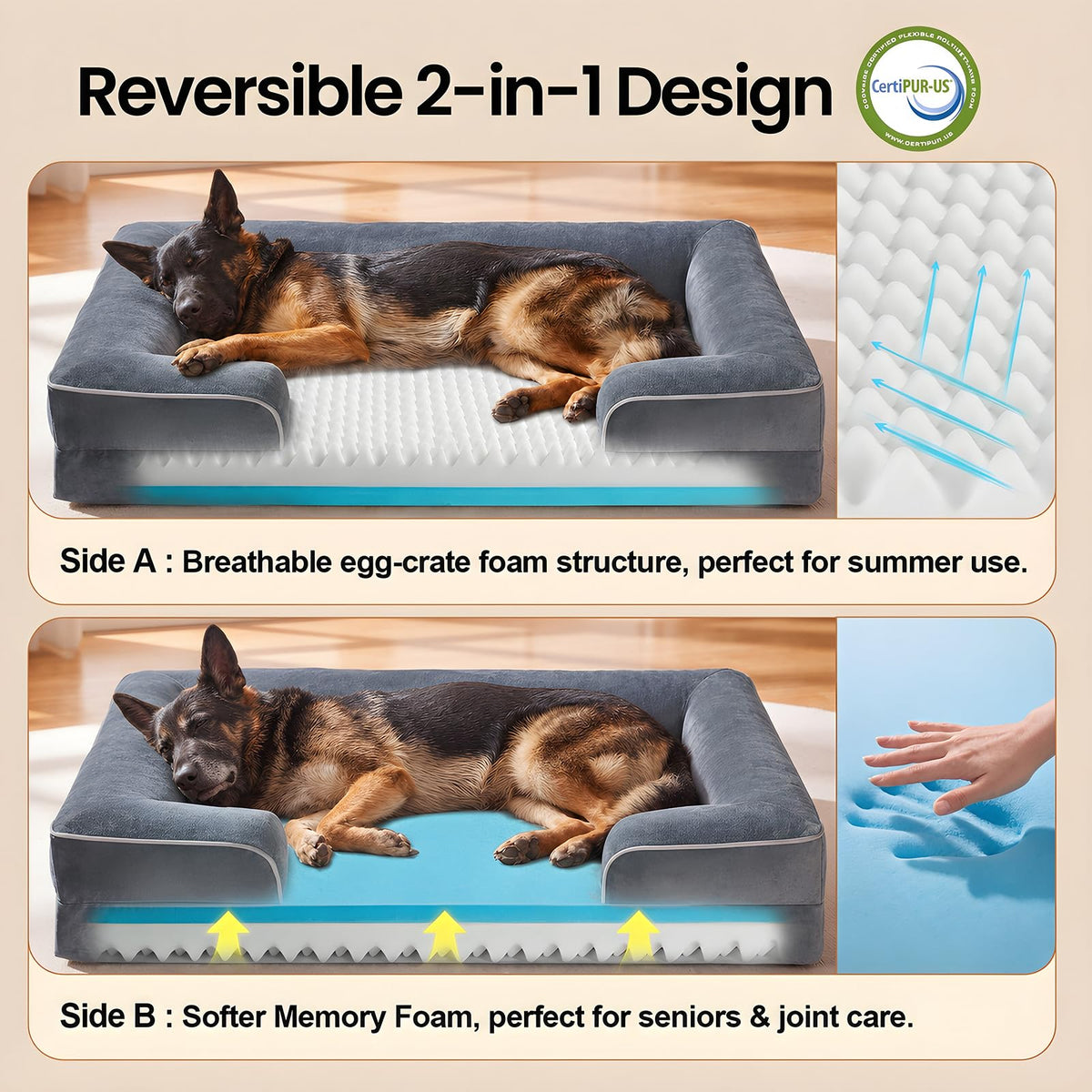 Orthopedic Extra Large Dog Bed Couch, Memory Foam, 45×33Inch (Gray)