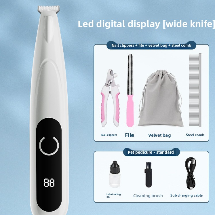 Dog and Cat Paw Hair Trimmer with LED Display - Rechargeable Quiet Clipper with Wide or Narrow Blade for Paws, Face and Ears