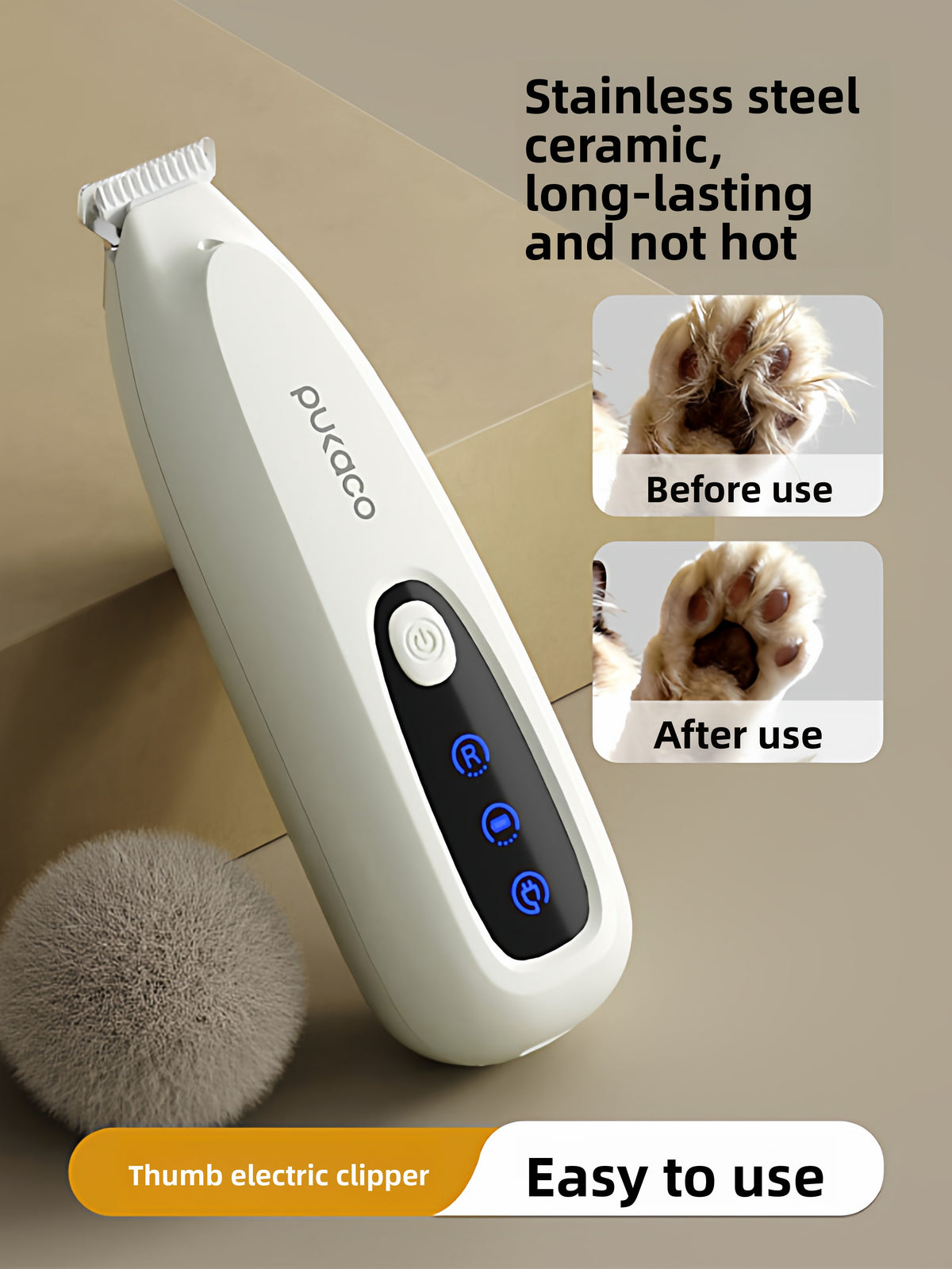 Thumb-Grip Rechargeable Pet Hair Clipper with Wide Blade Head - Quiet USB Trimmer Kit for Cats and Dogs