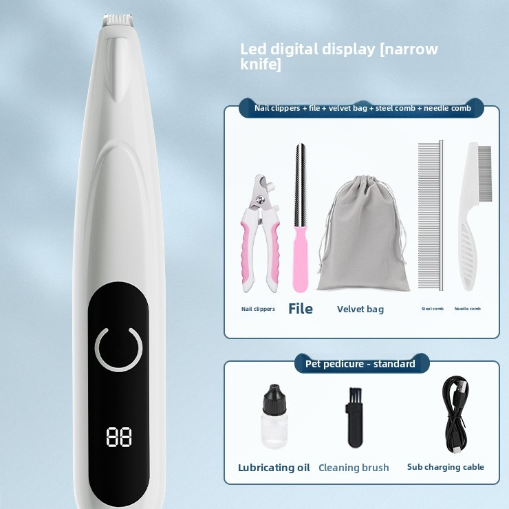 Dog and Cat Paw Hair Trimmer with LED Display - Rechargeable Quiet Clipper with Wide or Narrow Blade for Paws, Face and Ears