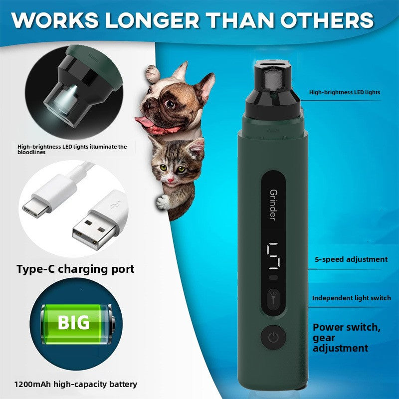 Rechargeable Dog Nail Grinder with LED Light - Quiet Adjustable Speed Pet Claw Trimmer for Dogs, Cats and Small Pets in Green, White or Purple