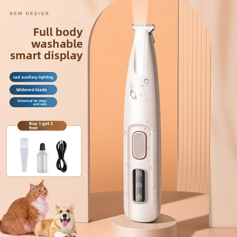 Waterproof Paw Hair Trimmer for Dogs and Cats - LED Rechargeable Foot Clipper with Oil Bottle in White