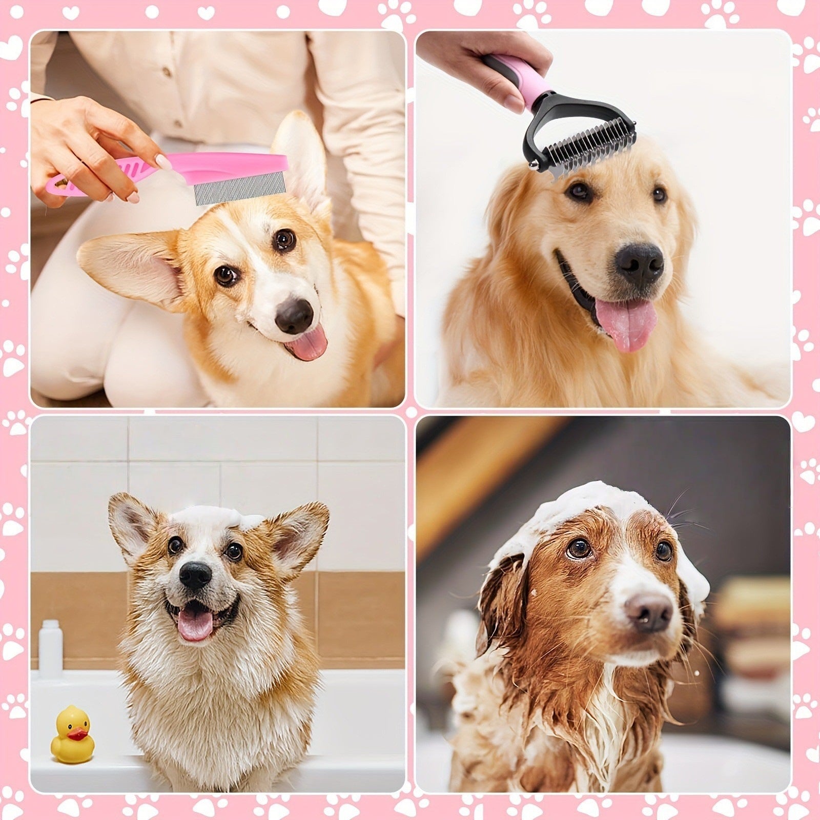 8-Piece Dog Grooming Kit - Slicker Brush, Dematting Comb, Flea Comb, Nail Clipper, File and Finger Toothbrush Set for Dogs and Cats in Pink or Blue