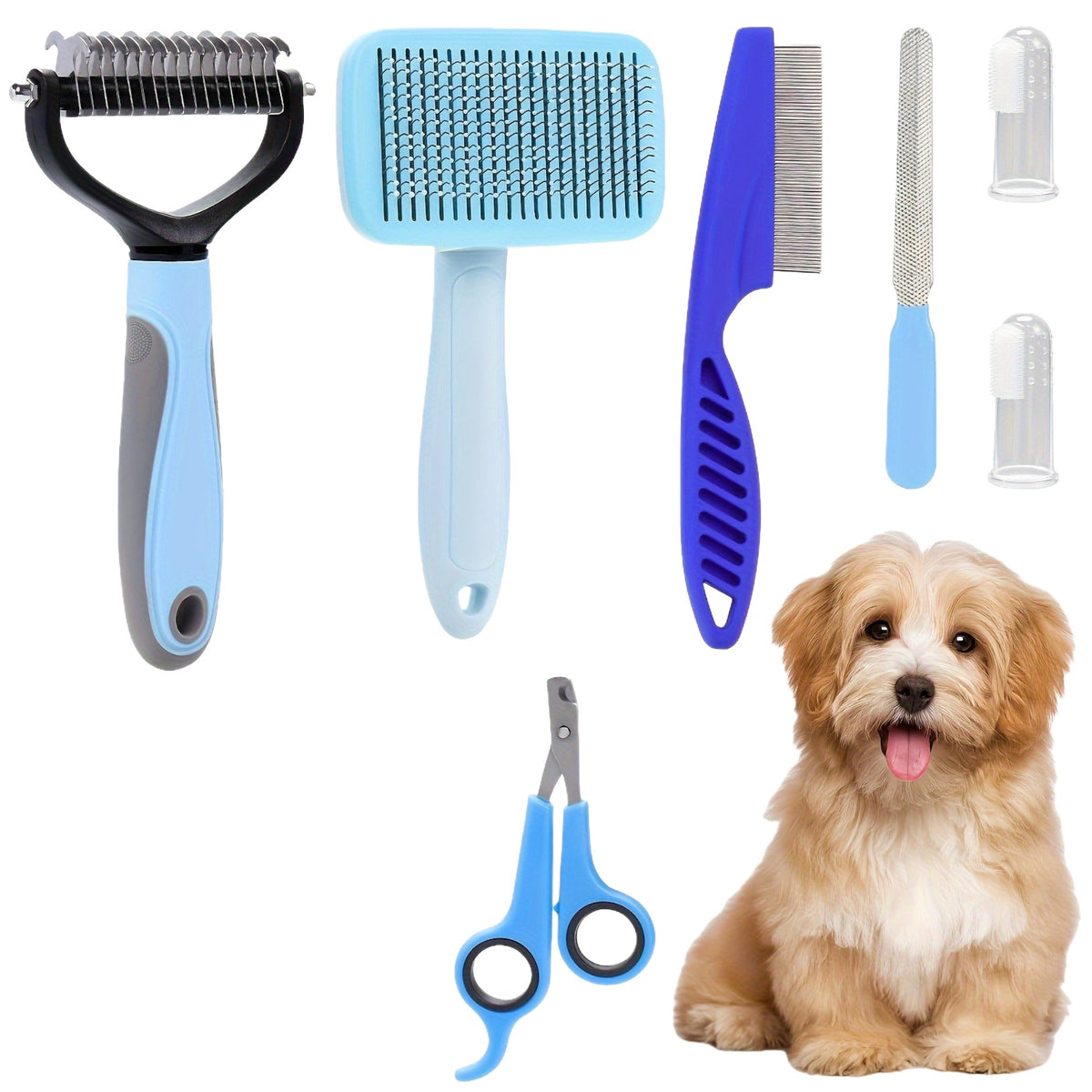 8-Piece Dog Grooming Kit - Slicker Brush, Dematting Comb, Flea Comb, Nail Clipper, File and Finger Toothbrush Set for Dogs and Cats in Pink or Blue