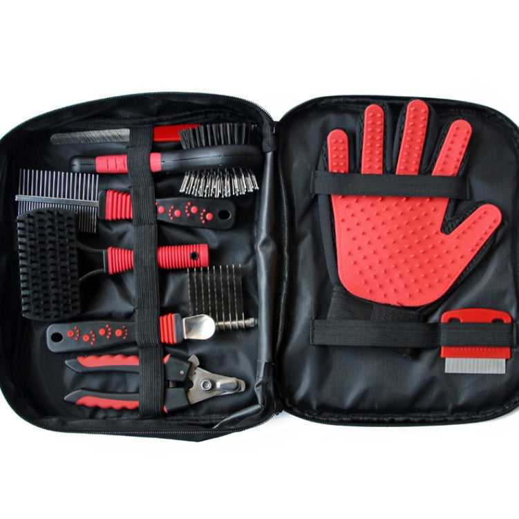 9-Piece Dog Grooming Kit with Zip Storage Case - Slicker Brush, Steel Comb, Nail Clipper and Massage Glove Set for Dogs and Cats