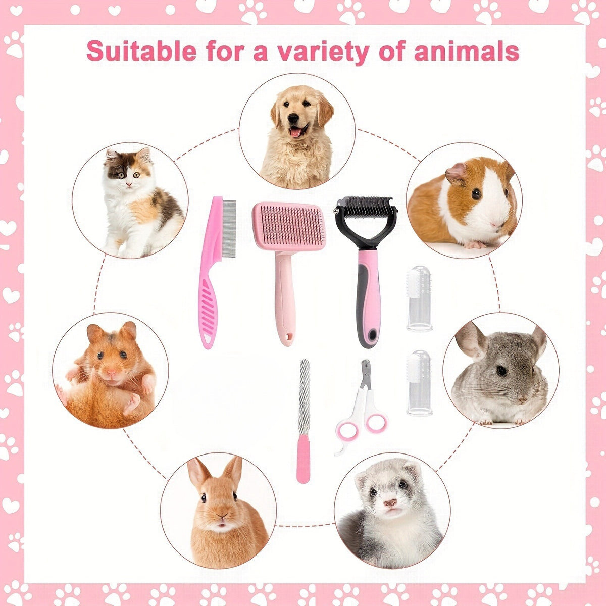 8-Piece Dog Grooming Kit - Slicker Brush, Dematting Comb, Flea Comb, Nail Clipper, File and Finger Toothbrush Set for Dogs and Cats in Pink or Blue