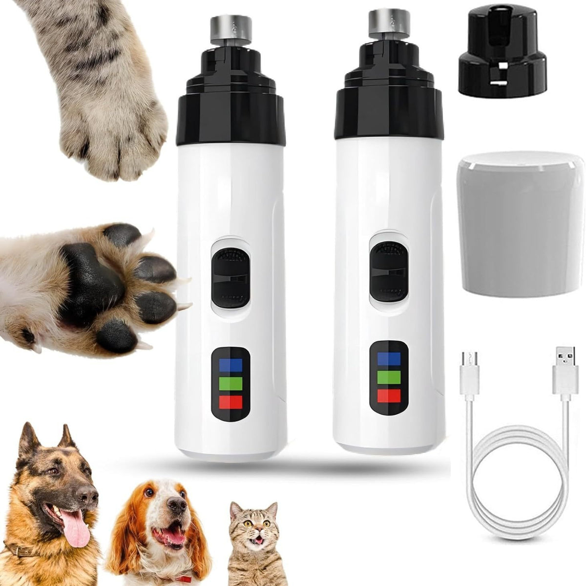 USB Rechargeable Pet Nail Grinder with LED Light and 3 Grit Sanding Bands - Quiet Claw Trimmer for Cats and Dogs