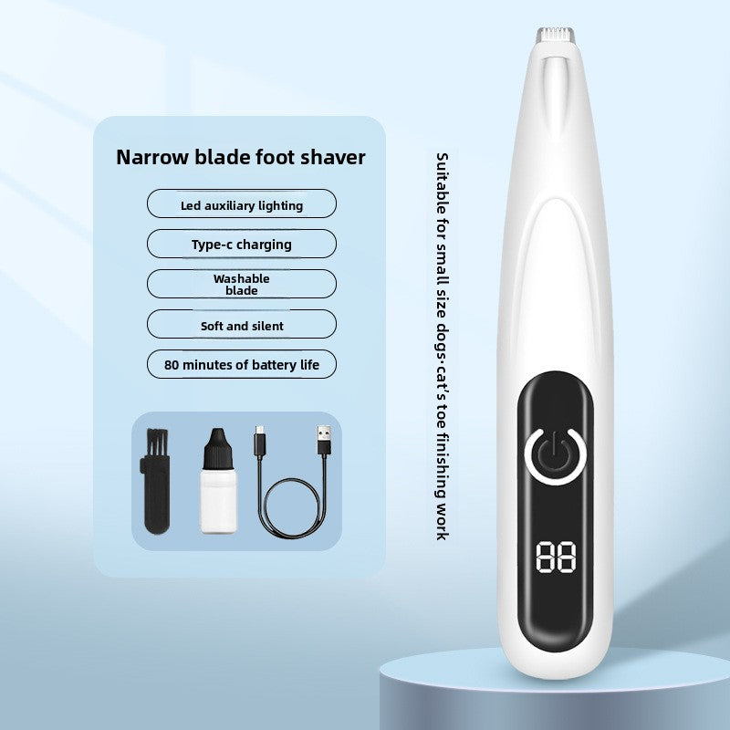 Dog and Cat Paw Hair Trimmer with LED Display - Rechargeable Quiet Clipper with Wide or Narrow Blade for Paws, Face and Ears