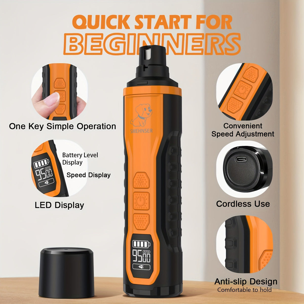 Rechargeable USB Pet Nail Grinder with 5 Speeds and Interchangeable Heads for Small Pets