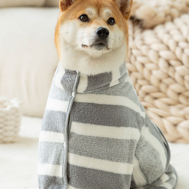 Absorbent Dog Bathrobe Towel - Soft Coral Fleece Quick Dry Wrap for Dogs and Cats in Four Striped Colours, XS to XL