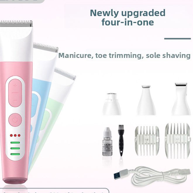 4-in-1 Pet Clipper and Nail Grinder Kit with 3 Speed Settings - USB Rechargeable Cordless Grooming Set for Dogs and Cats in Pink or Cyan