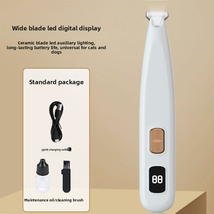 Dog and Cat Paw Hair Trimmer with LED Display - Rechargeable Quiet Clipper with Wide or Narrow Blade for Paws, Face and Ears