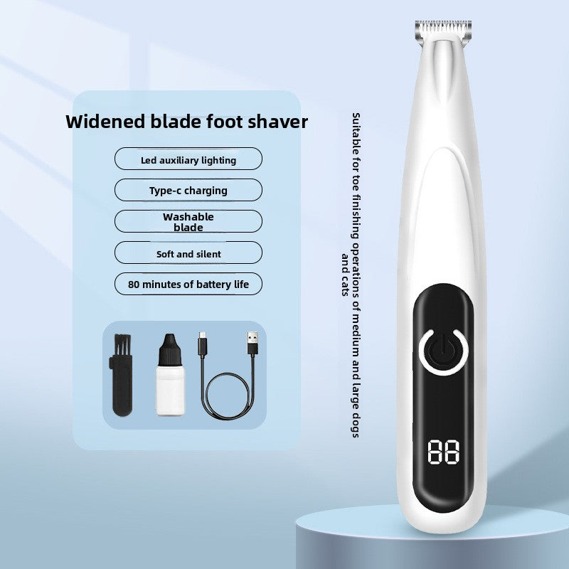 Dog and Cat Paw Hair Trimmer with LED Display - Rechargeable Quiet Clipper with Wide or Narrow Blade for Paws, Face and Ears