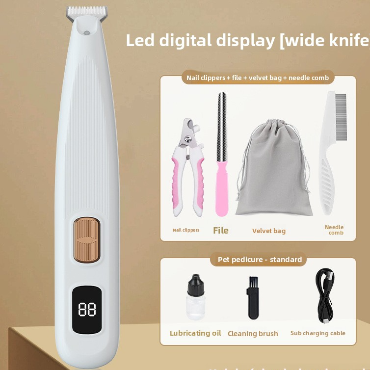 Dog and Cat Paw Hair Trimmer with LED Display - Rechargeable Quiet Clipper with Wide or Narrow Blade for Paws, Face and Ears