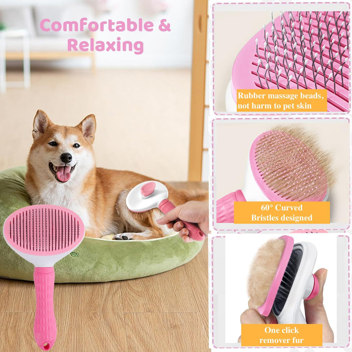 7-Piece Dog Grooming Kit - Stainless Steel Hair Removal Comb, Flea Comb, Nail Cutter, Bath Brush and Finger Cover Set in Pink or Blue